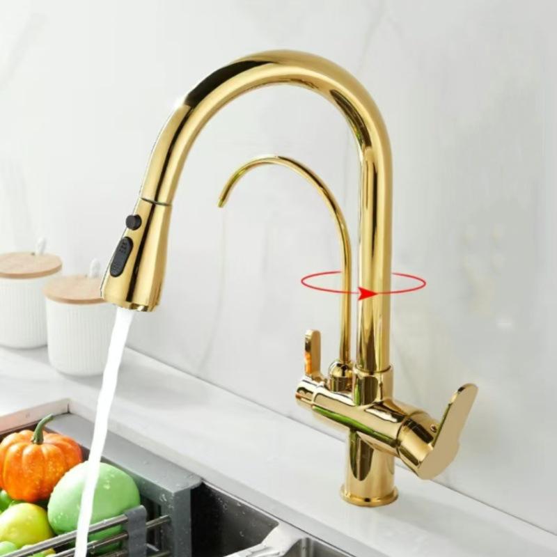 All-Copper 3-in-1 Pull-Out Kitchen Faucet with Hot, Cold, and Pure Water Options