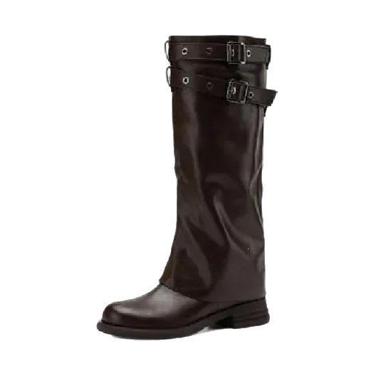 Square boots, stacked black locomotive boots, fashionable new pleated thick heels, trousers, belt buckle, long boots for women