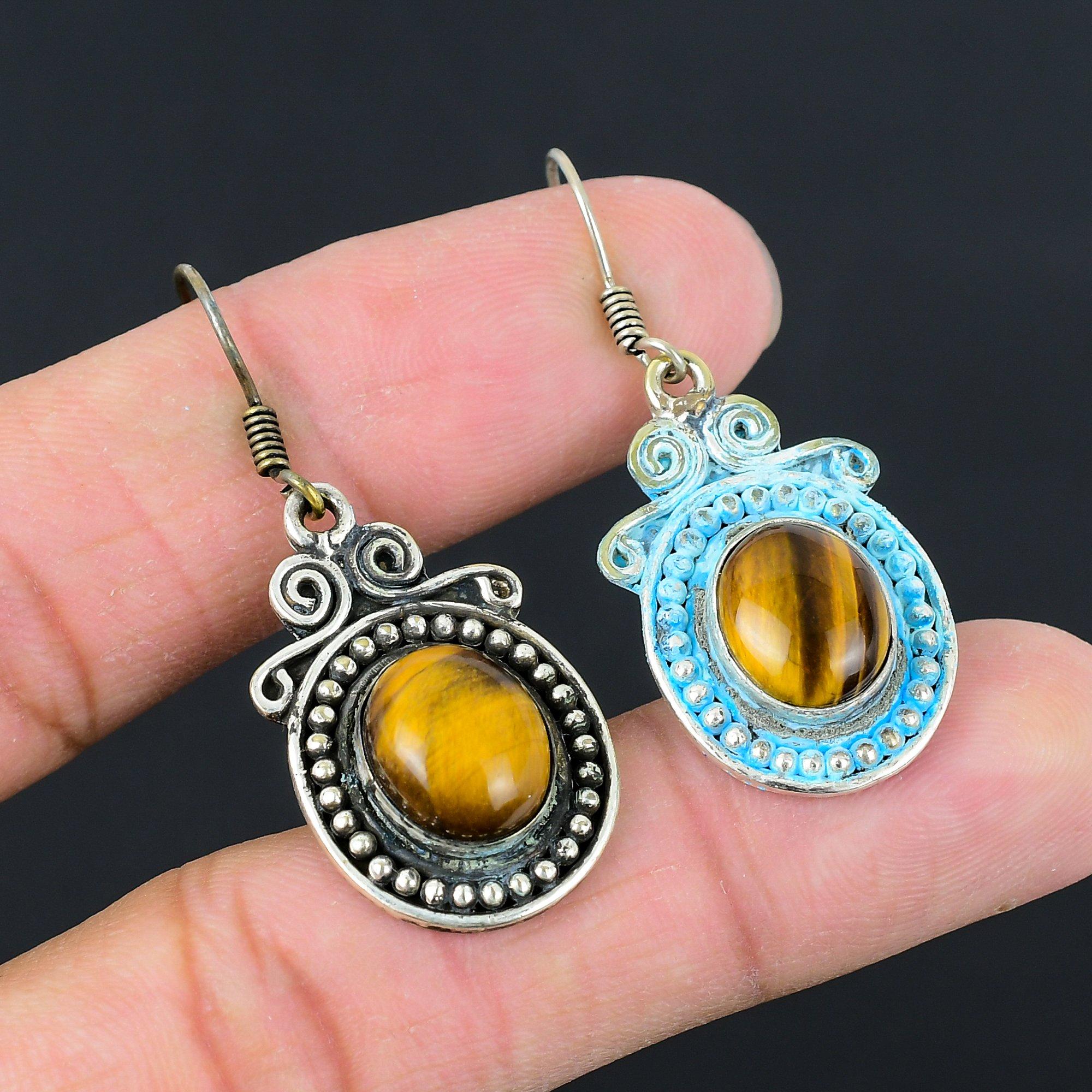 

925 Sterling Silver Oval Natural Tiger Eye Anniversary Dangle Earrings Jewelry