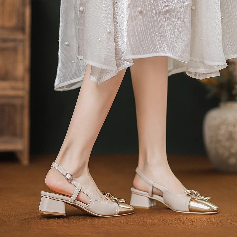 Fashion Colorblock Wrapped Toe Square Heel Sandals Summer Square Toe Open Toe Bow Slip Strap Anti-Slip Wear-Resistant Kitten Heels