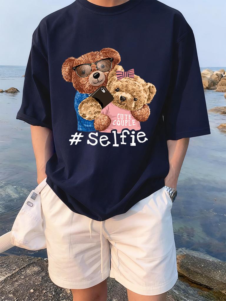 Cute Couple Bears Selfie Printing TShirts Womens Summer Cotton Short Sleeve Tees Loose ONeck Comfortable Tops Casual Clothes