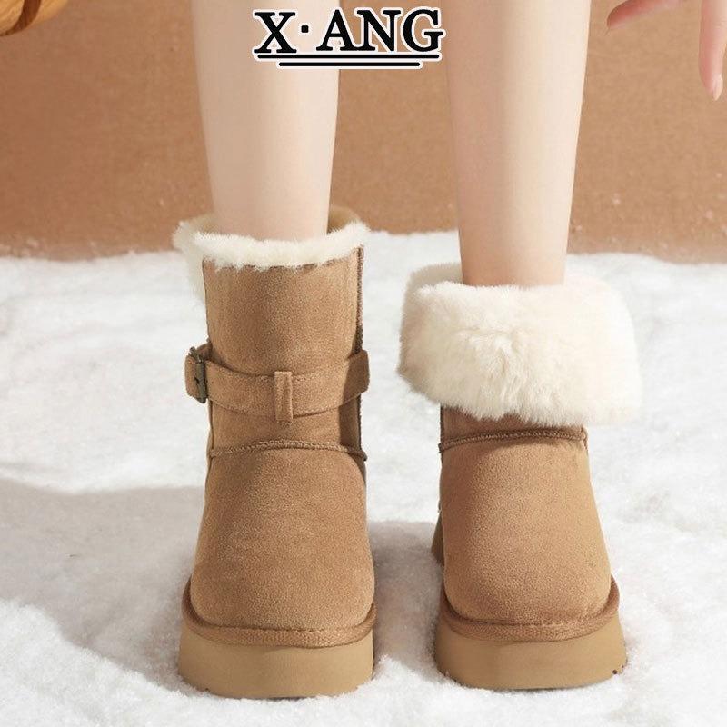 Real fur integrated Sangpo thick-soled snow boots women's velvet thickened warm large cotton shoes non-slip short boots