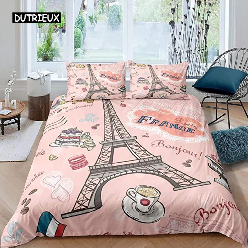 Paris Duvet Cover Set Polyester Paris Theme White Pink Stripe World-Famous Architecture Creativity Double Queen King Quilt Cover