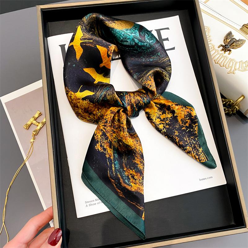 Lenço Quadrado de Cetim de Seda 100% Puro Alta Qualidade para Mulheres Estampado Bolsa de Mão Pulseiras de Pulso Xale Feminino Lenço de Pescoço Foulard