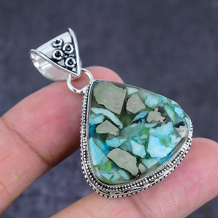 Natural Pyrite Turquoise Gemstone 925 Sterling Silver Jewelry Pendant 1.85" s8v37