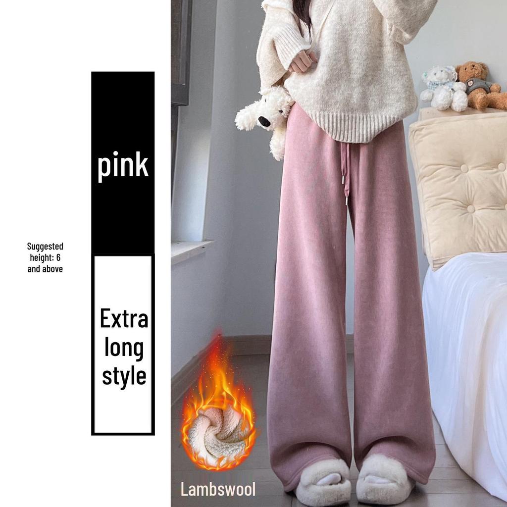 Women's High-Waisted Corduroy Pants - White Fluffy Lambswool, Wide-Leg, Plus Velvet Thickened & Slimming for Autumn/Winter