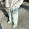 Men Casual Pants Elastic Waist Mid Rise Loose Straight Wide Leg Streetwear Pockets Cartoon Print Male Long Trousers Bottoms for Outdoor