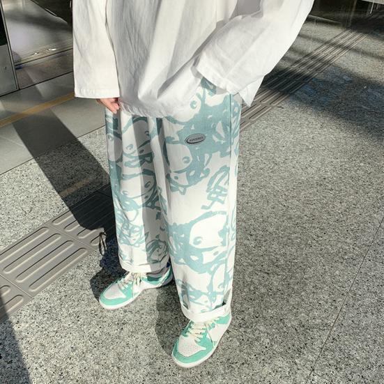 Men Casual Pants Elastic Waist Mid Rise Loose Straight Wide Leg Streetwear Pockets Cartoon Print Male Long Trousers Bottoms for Outdoor