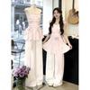 Chic Korean-Style Pink One-Shoulder Top & Jeans Set