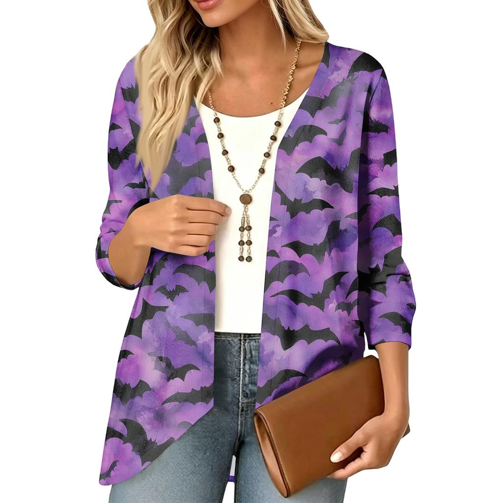 Cardigan décontracté léger ample à manches 3/4 imprimé pour femme pour Halloween