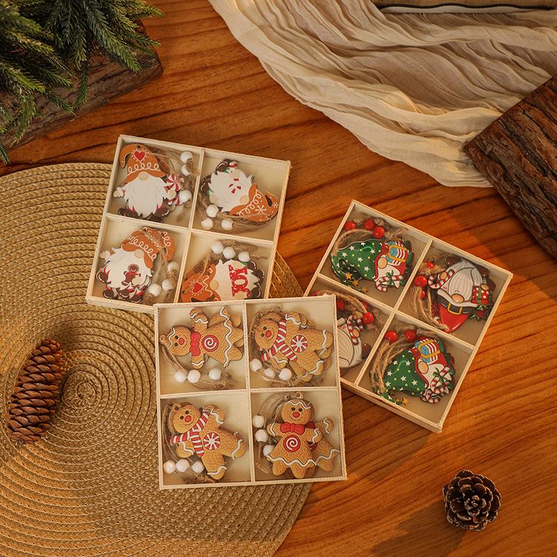 Christmas decorations wooden box 12pcs wooden Santa pendant gingerbread man decoration Christmas gift