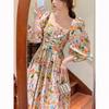 Summer French Hepburn Style High-end Dress Femininity Retro Chic Beautiful Floral Bubble Sleeve Medium and Long Dress