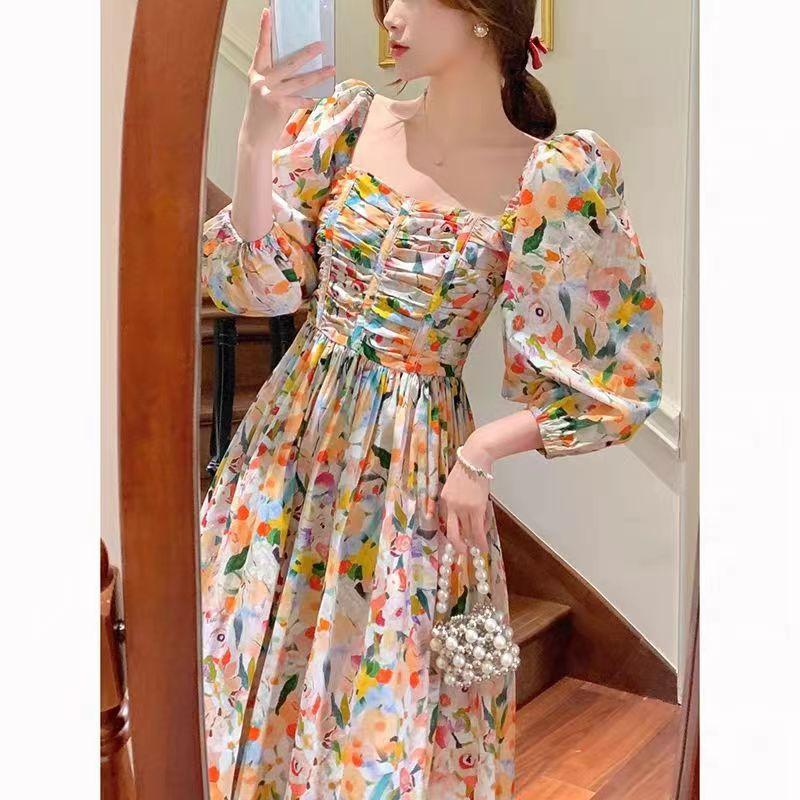 Summer French Hepburn Style High-end Dress Femininity Retro Chic Beautiful Floral Bubble Sleeve Medium and Long Dress