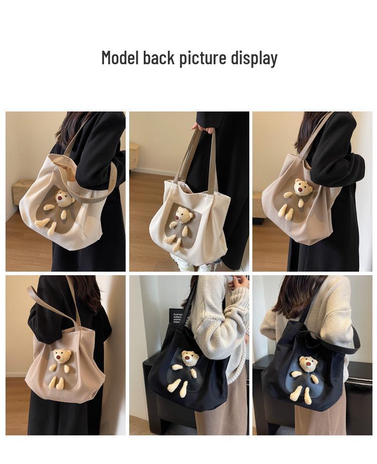 Women's Large Cute Bear Canvas Tote - Versatile Shoulder Bag for College & Commute