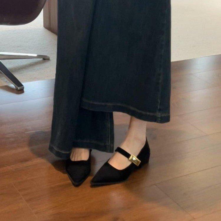 Schuhe mit Metallschnalle, dicker Absatz, flache Pendlerschuhe, spitze Mary Jane Schuhe