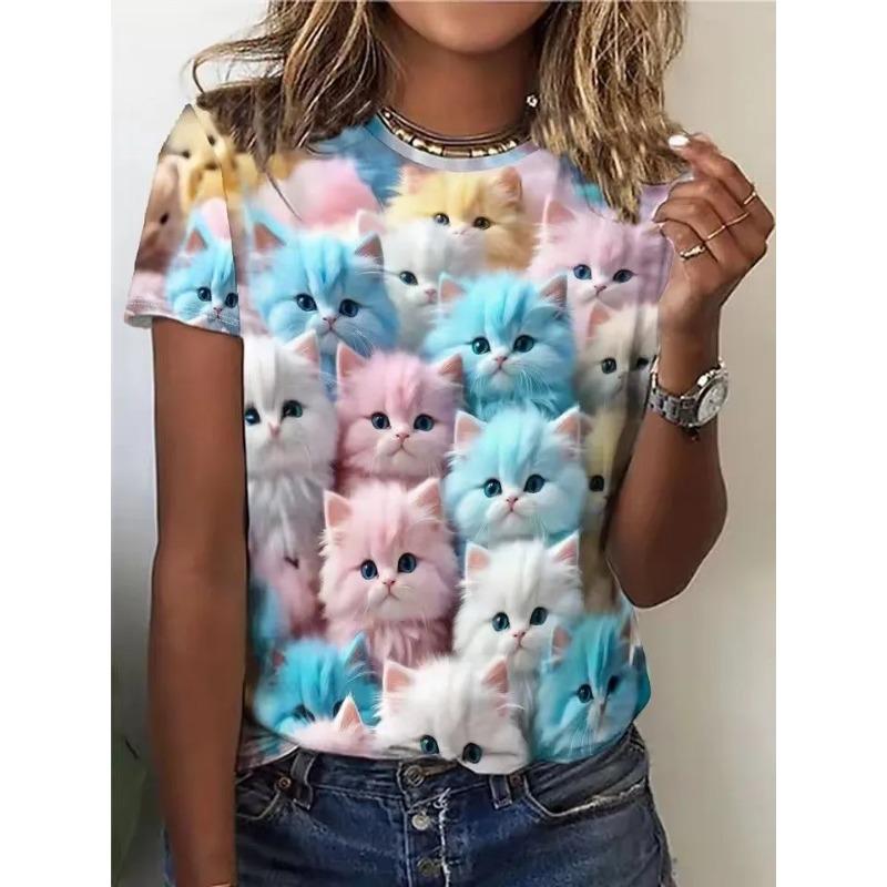 Summer Round Neck 3D Cute Cat Pattern Print Top Fashionable Casual Short Sleeved Women's T-shirts