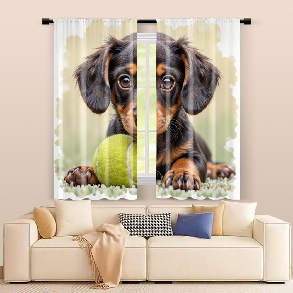 2 Stück, Filtervorhänge (ausgenommen Stangen, unbeweglich, ohne Batterien) Welpe spielt mit Ball für den Gebrauch in Schlafzimmern und