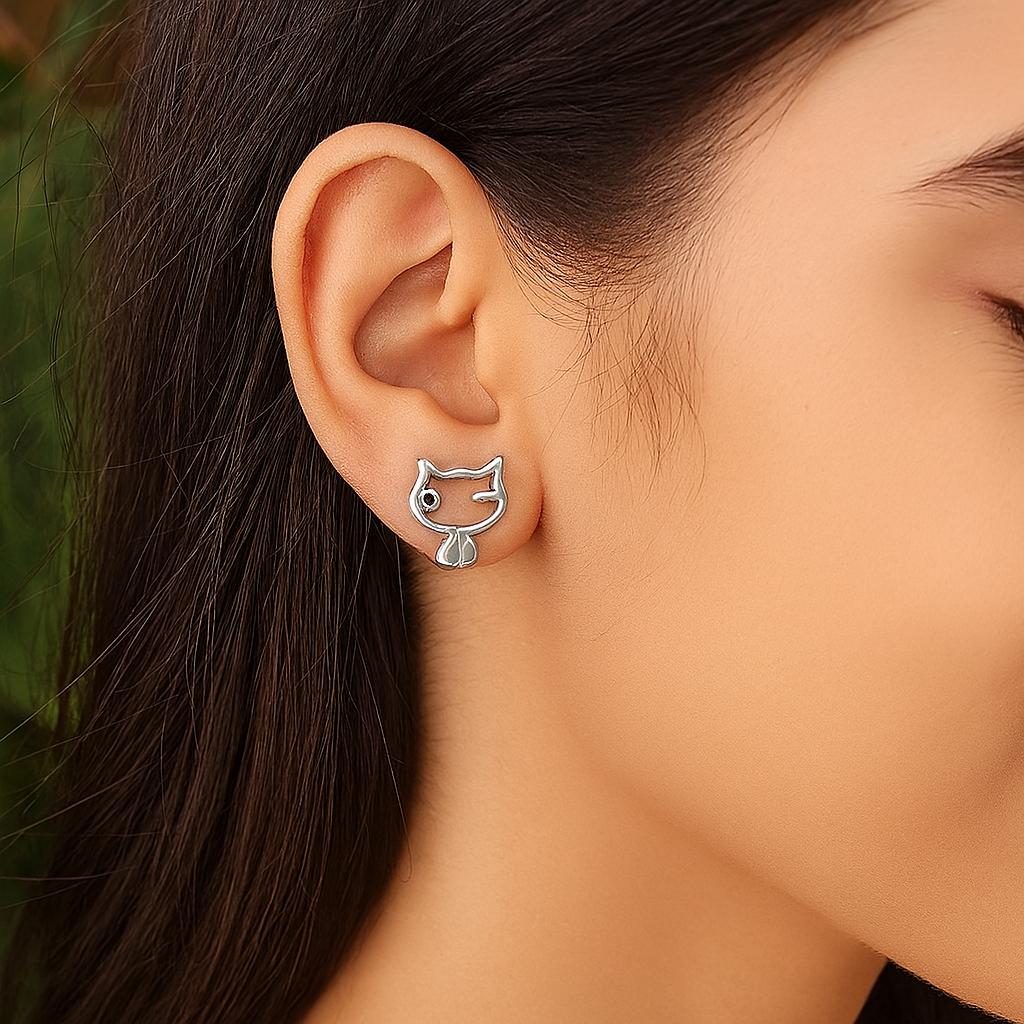 Winking Cat Stud Earrings- 925 Sterling Silver
