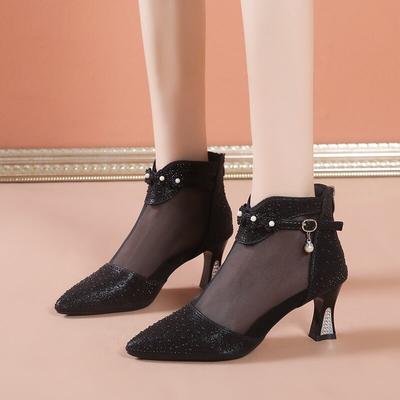 Fashion Summer New Pointed Mesh Breathable Water Diamond High Heel Buckle Large Size Comfortable and Fashionable Single Shoes for Women