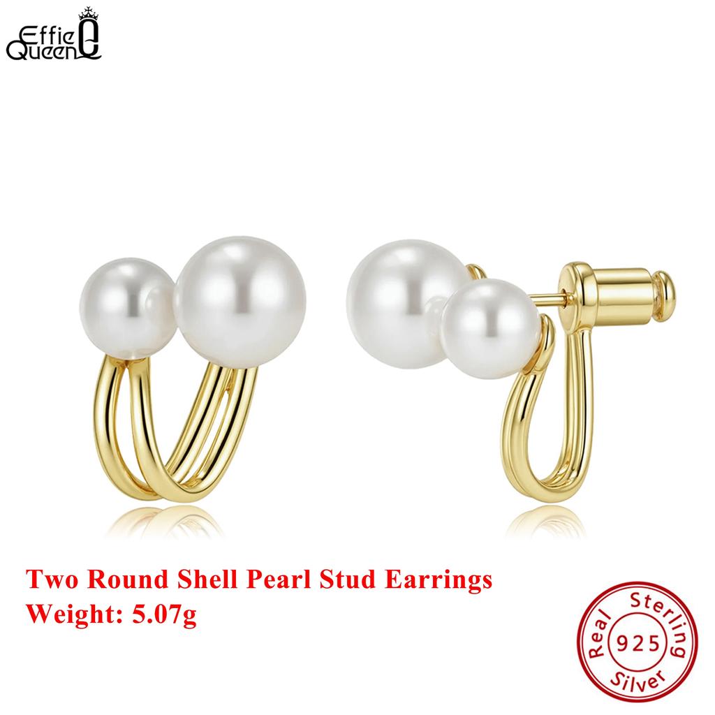 Effie Queen Genuine 925 Silver 14k Gold Geometric Shell Pearl Stud Earrings Simple Jewelry for Women Banquet Party Gift PSE05