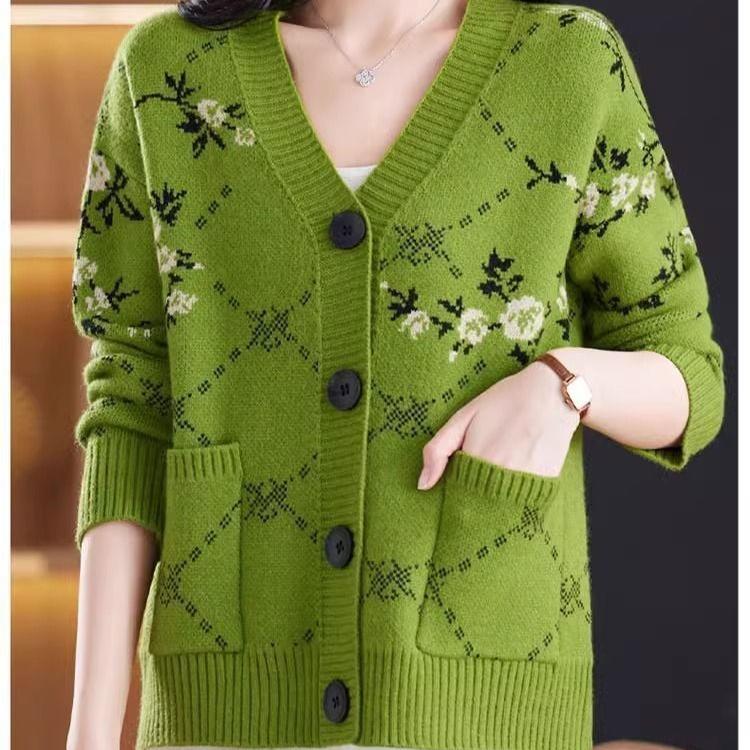 Autumn Winter Women's Plus Size Knitted Cardigan V-neck Printed Knitted Cardigan Sweater Jacket Knitted Top Outerwear.
