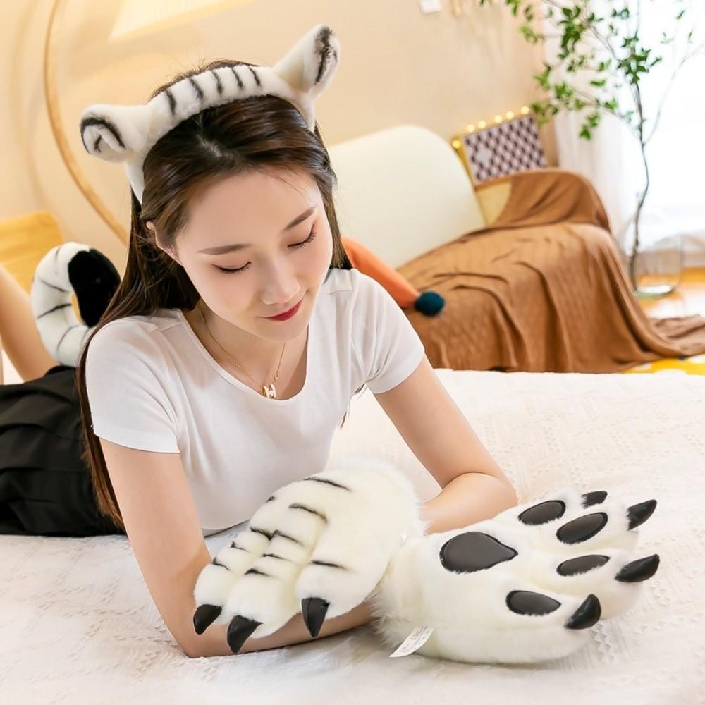 Fluffy Texture Plush Gloves Striped Design Costume Mittens Cosplay Costume Accessories