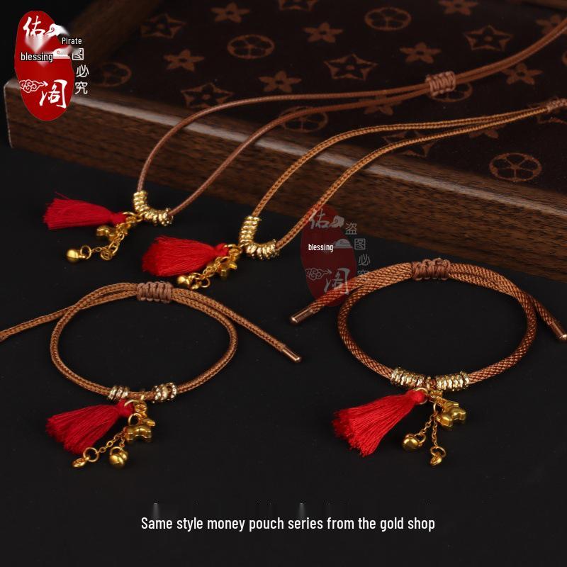 Korean Waxed Leather Cord Unisex Jade Pendant Lanyard Necklace - Red Black Weaving Thread