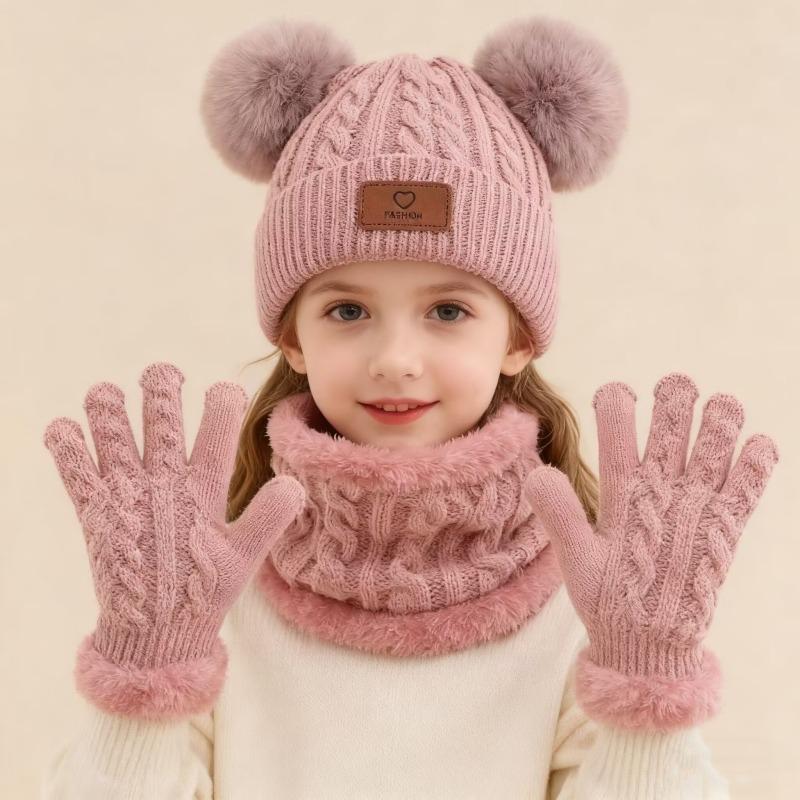 3pcs/set Children's Winter Warm Double Ball Knit Hat Scarf Gloves For Boys And Girls Warm And Cold-proof Suit