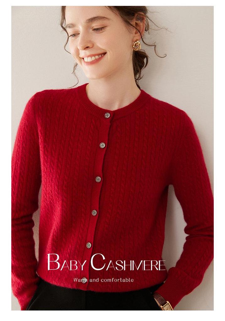Women's Cable Knit Cashmere Cardigan - Long Sleeve, Button-Up Sweater for Autumn/Winter 2024.