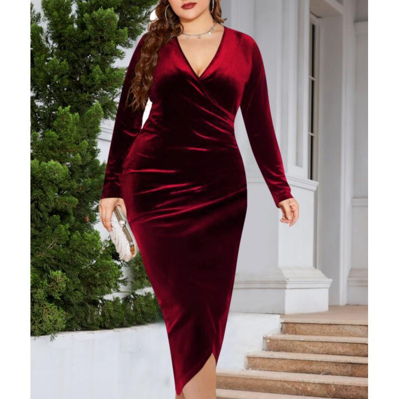 

Женское осеннее платье плюс сайз с длинными рукавами облегающего кроя с сексуальными складками и V-образным вырезом, вечернее платье 5XL