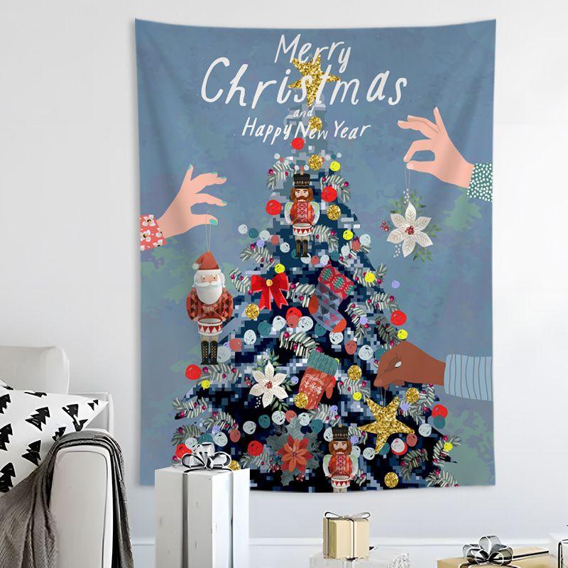 White Gold Floral Christmas Tree Wall Tapestry Merry Text Bird Leaf Ornament Elegant Minimalist Holiday Aesthetic Home