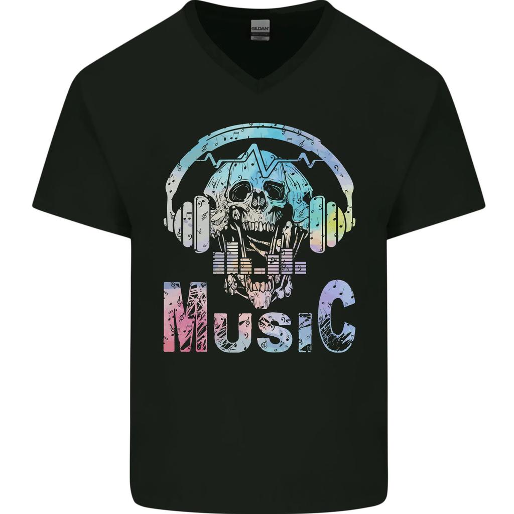Music Skull With Headphones Dance Tekno Mens VNeck Cotton T-shirt