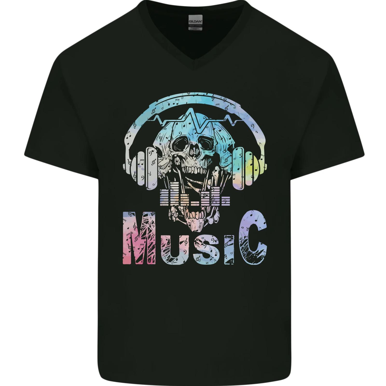 Music Skull With Headphones Dance Tekno Mens VNeck Cotton T-shirt L