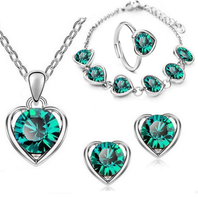 Blue Cyrstal Ring Necklace Earrings Set Wedding Jewelry Sets For Brides Pendant Earrings For Girls Women African Jewelry Sets