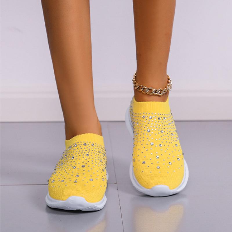 Women's Slip-On Crystal Sneakers Breathable Mesh Plus Size Casual Flats Women Comfort Soft Sole Running Walking Shoes
