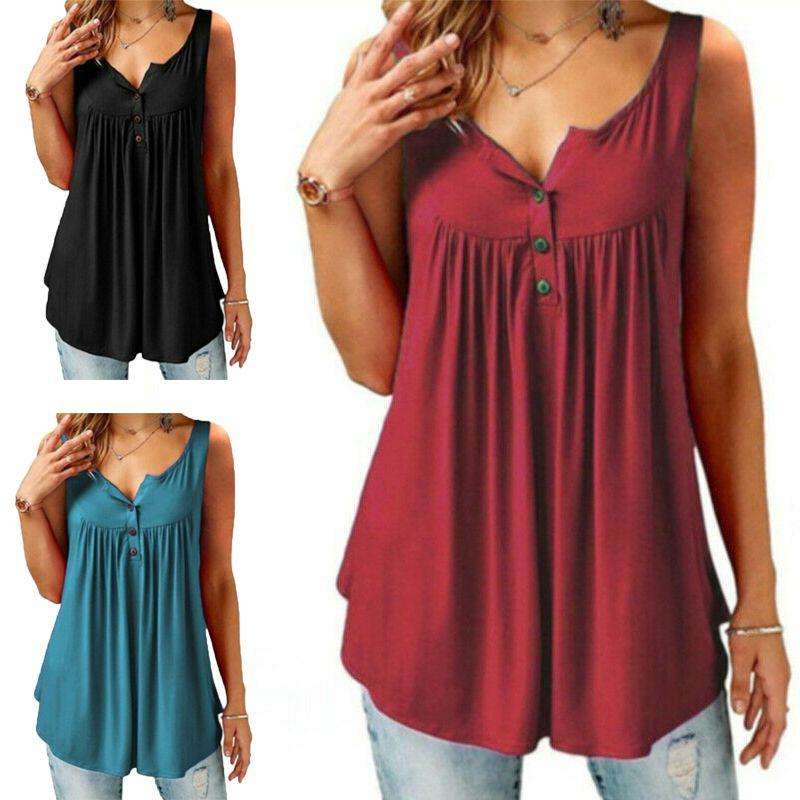 Eleganti Bluse Tunica Svasate da Donna con Scollo O e Volant in Chic Design Senza Maniche con Bottoni