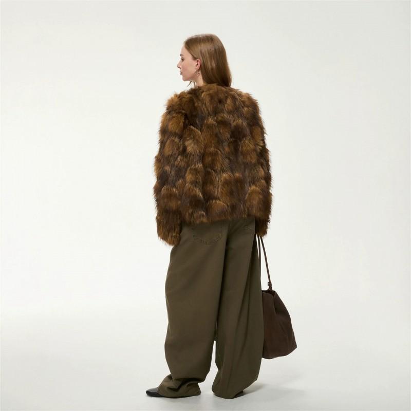 Reed Dream Vintage Fox Fur Coat Womens Winter Loose Fit Round Neck Faux Jacket