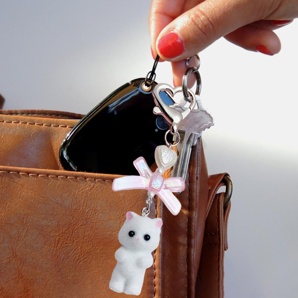 Heart Shape Keyring Flocked Cat Pendant Keychain with Bowknot Decor Heart Shape Fashionable Hanging Ornament for Wallet Backpack