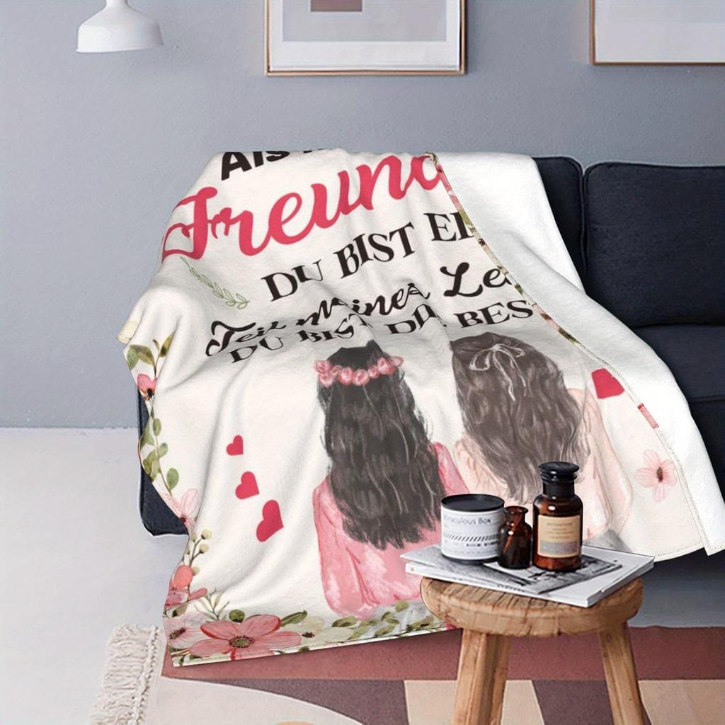 Festive Friendship Blanket: Soft Fleece Throw with Floral Design and German Text - Perfect Gift for Your Bestie