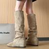 New khaki suede inner heightening boots, western knight boots modified legs, stacked high boots for women
