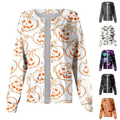 Damski wzór z długim rękawem, kieszonkowy, roboczy nadruk na Halloween, stójka, jednorzędowy kombinezon ochronny, kurtka typu cardigan Top