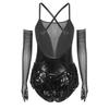 Ladies Latin Performance Leotard S-XXL Sequins Fringe Cross Back with 1 Pair Gloves for Tango Rumba Cha-Cha Samba Dance