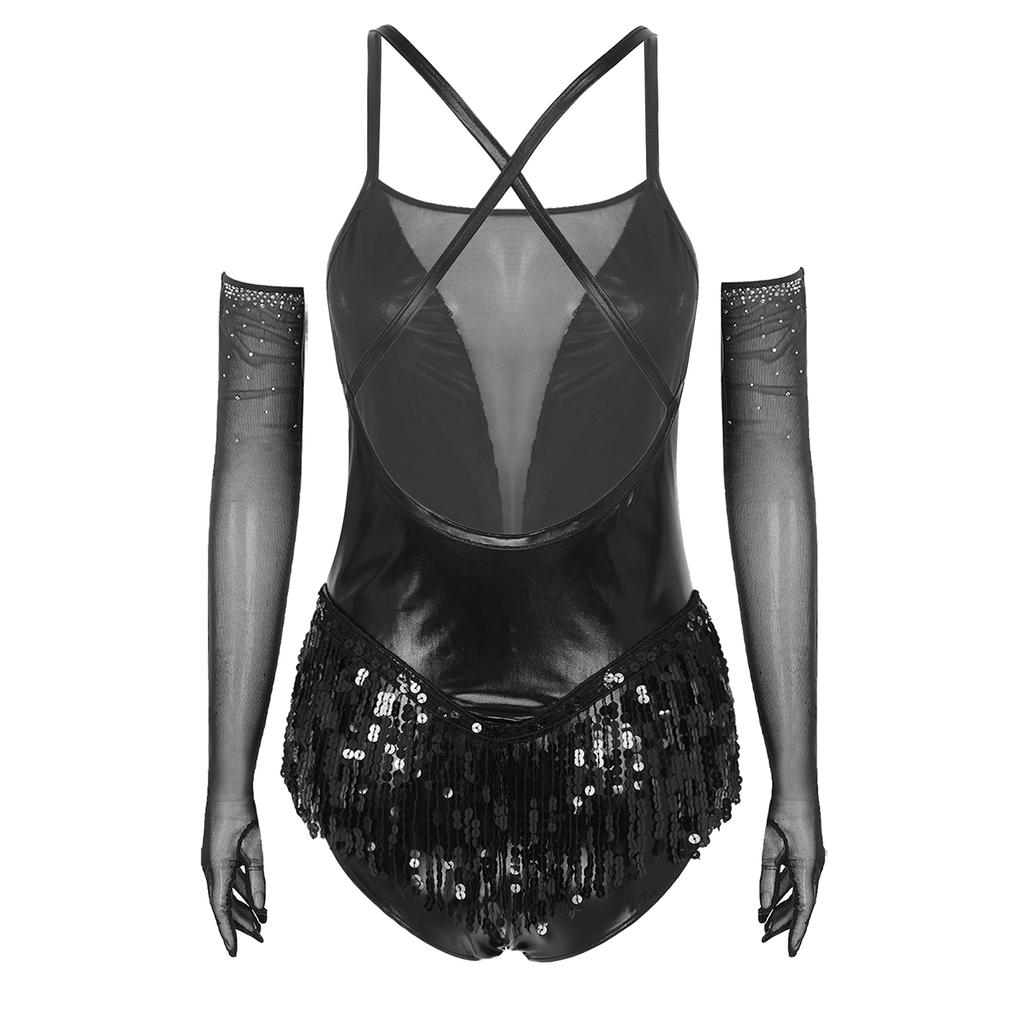 Ladies Latin Performance Leotard S-XXL Sequins Fringe Cross Back with 1 Pair Gloves for Tango Rumba Cha-Cha Samba Dance