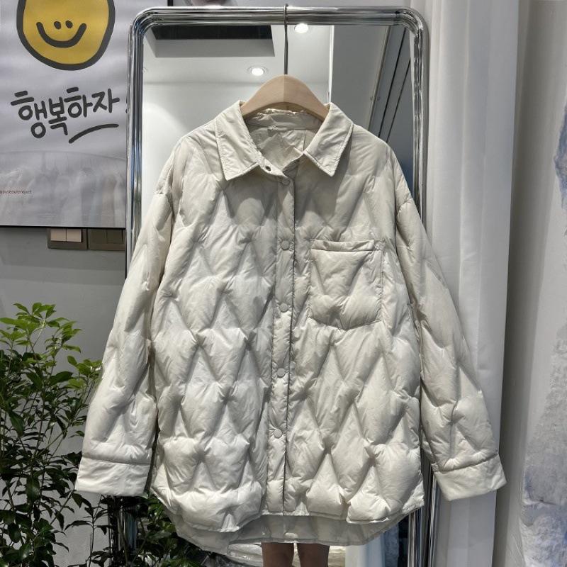 Winter new shirt collar pressed down jacket women's literary and leisure rhombus white duck down warm bread jacket