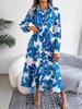 Abito Stampato con Colletto Revers Bottoni Vita Alta Elegante Abito Camicia per Donna Manica Lunga Abiti Ampi Abito Casual