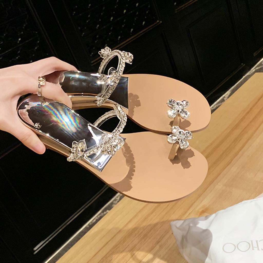 2025 summer new women's pearl round head flat bottom rhinestone lace one word with comfortable two wear cool slippers