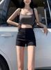 Women's High-Waisted Black Denim Shorts - Stretchy, Slimming, A-Line, Hip-Lifting, Trendy.