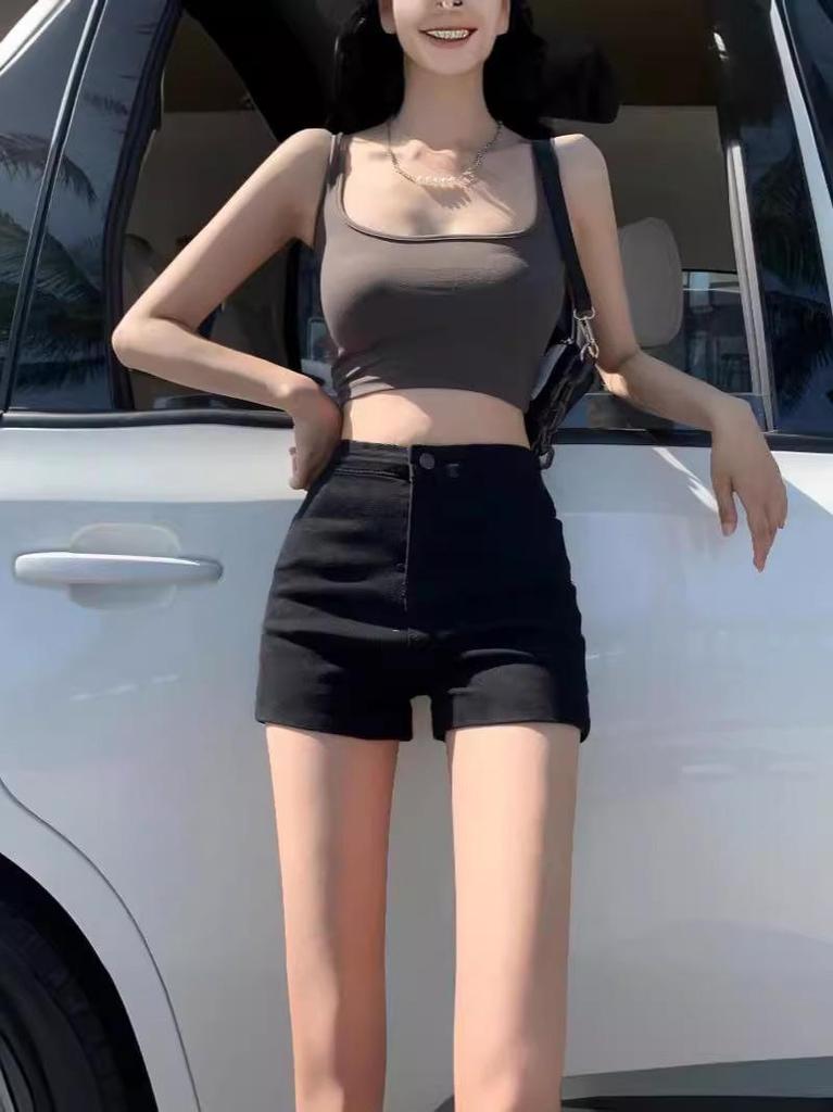 Women's High-Waisted Black Denim Shorts - Stretchy, Slimming, A-Line, Hip-Lifting, Trendy.