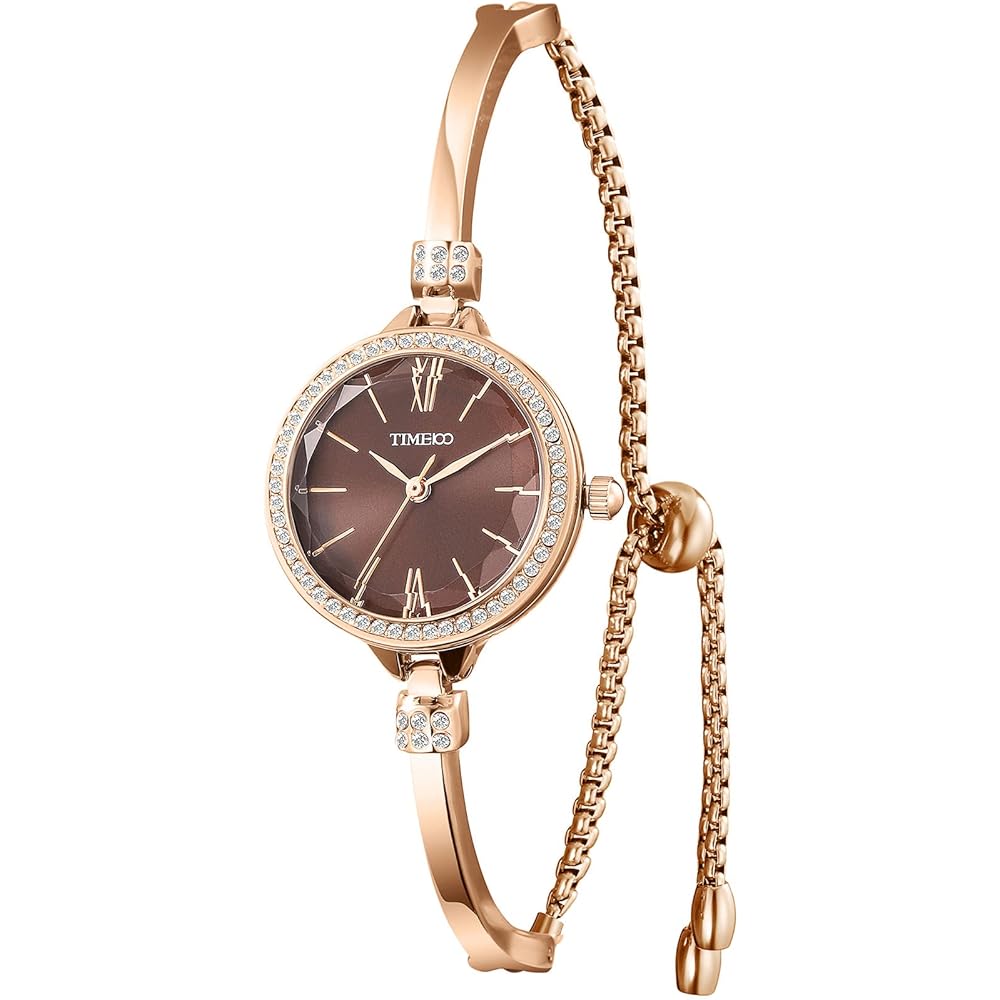 Time100 Women s Fashion Bracelet Watch Brown Adjustable Band Quartz Japan Made 30M Waterproof Multi-Faceted Glass