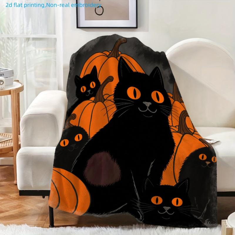 1pc Black Cat And Pumpkin Print Blanket, Halloween Theme, Multi-Size Available, Suitable for Living Room, Bedroom, Study, Office, Outdoor